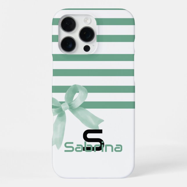 Cute Watercolor Mint Bow Stripes iPhone Case (Back)