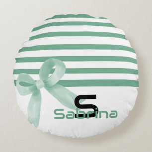 Cute Watercolor Mint Bow Stripes Round Pillow