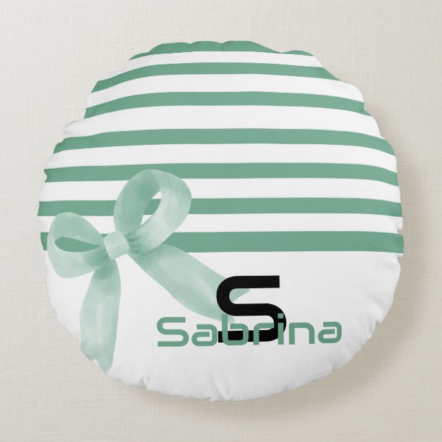 Cute Watercolor Mint Bow Stripes Round Pillow (Front)