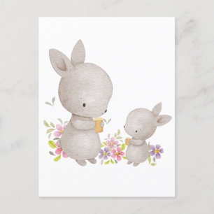 Cute Watercolor Mom and Baby Bunnies Postcard