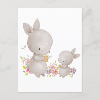 Cute Watercolor Mom and Baby Bunnies Postcard