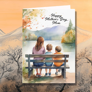 Cute Watercolor Mom & Kids   Mother's Day Card