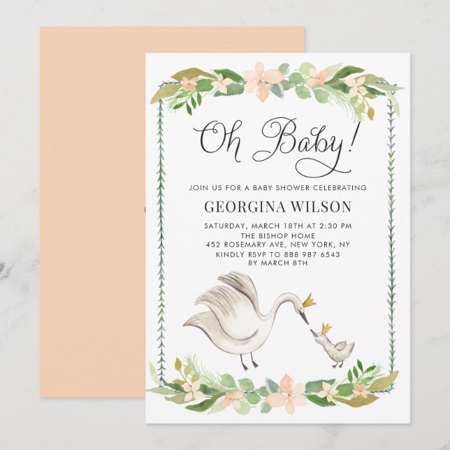 Cute Watercolor Mommy and Baby Swans Baby Shower Invitation (Front/Back)
