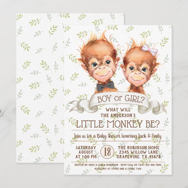 Cute Watercolor Monkey Gender Reveal Invitation (Front/Back)
