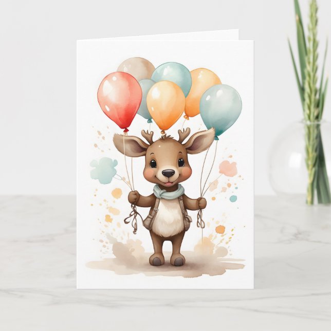 Cute Watercolor Moose Yellow Green Balloons Blank Card (Front)