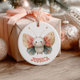 Cute Watercolor Moth Pattern with Photo Pastel  Ceramic Ornament