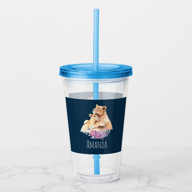 Cute Watercolor Mother Lion & Cub Acrylic Tumbler (Front)