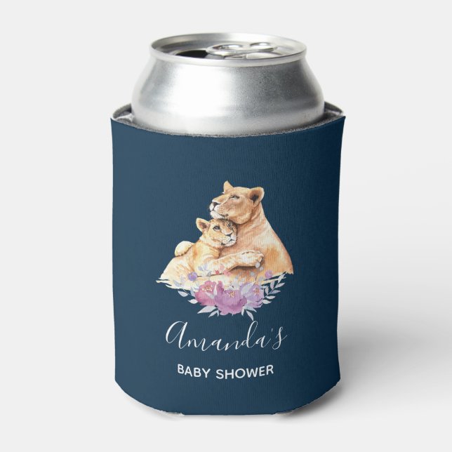 Cute Watercolor Mother Lion & Cub Baby Shower Can Cooler (Can Front)