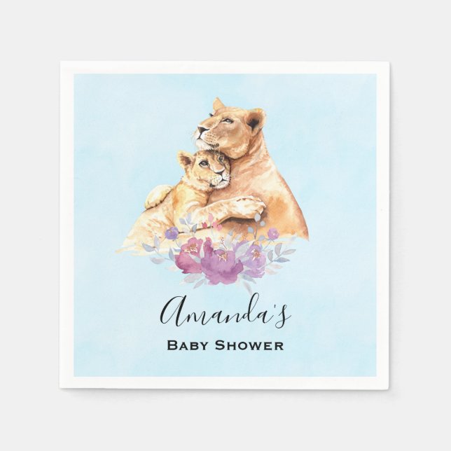 Cute Watercolor Mother Lion & Cub Baby Shower Napkin (Front)