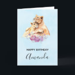 Cute Watercolor Mother Lion & Cub Birthday Card<br><div class="desc">Happy birthday greeting card with a cute watercolor painting of a mother lion holding her baby cub. Some pretty floral flowers below them,  adds a gentle touch to this sweet and adorable image.</div>