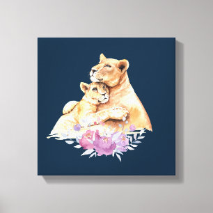 Cute Watercolor Mother Lion & Cub Canvas Print