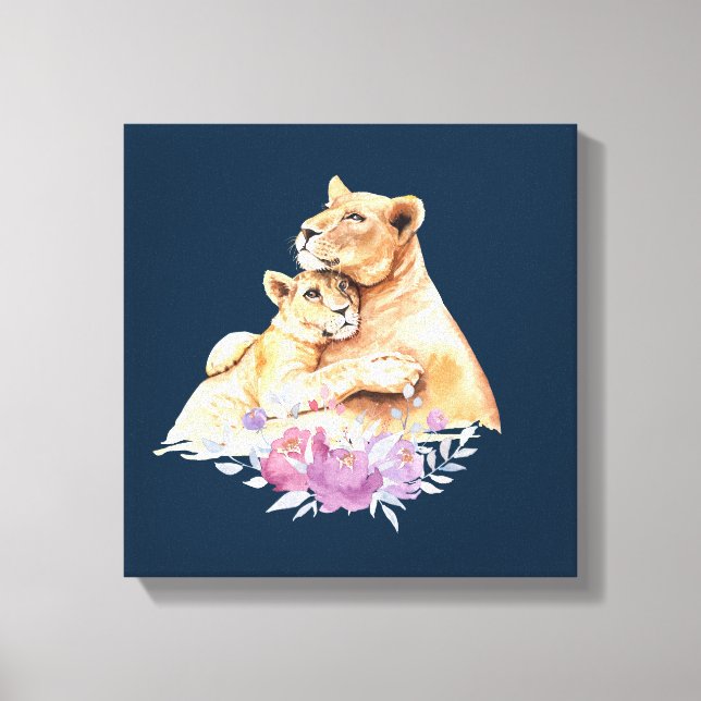 Cute Watercolor Mother Lion & Cub Canvas Print (Front)