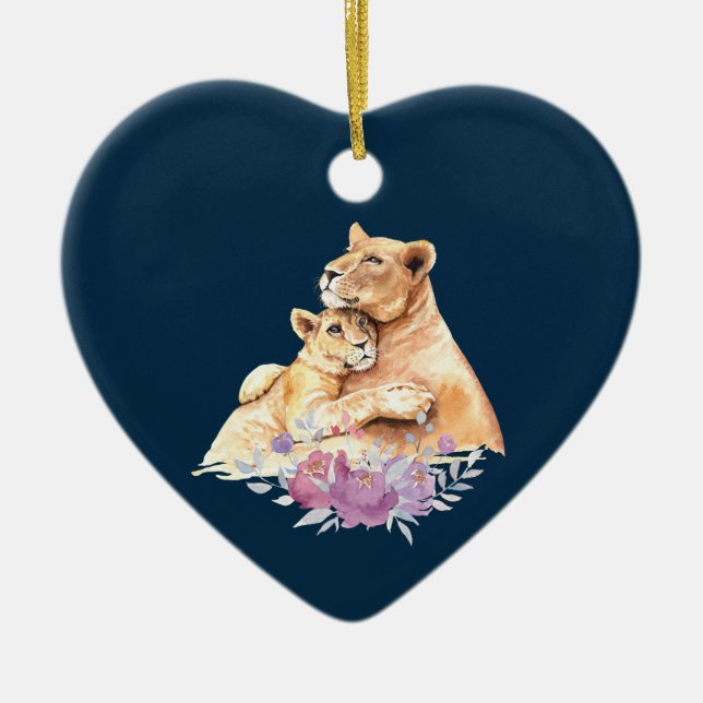 Cute Watercolor Mother Lion & Cub Ceramic Ornament (Front)