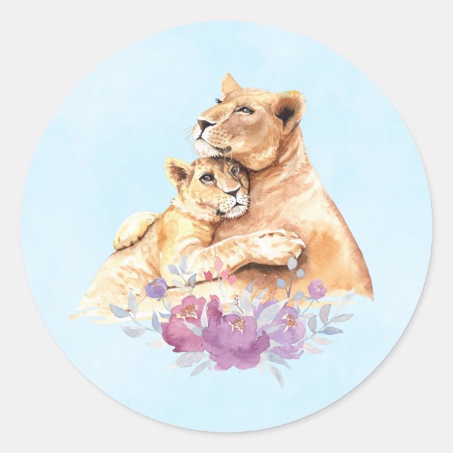 Cute Watercolor Mother Lion & Cub Classic Round Sticker (Front)