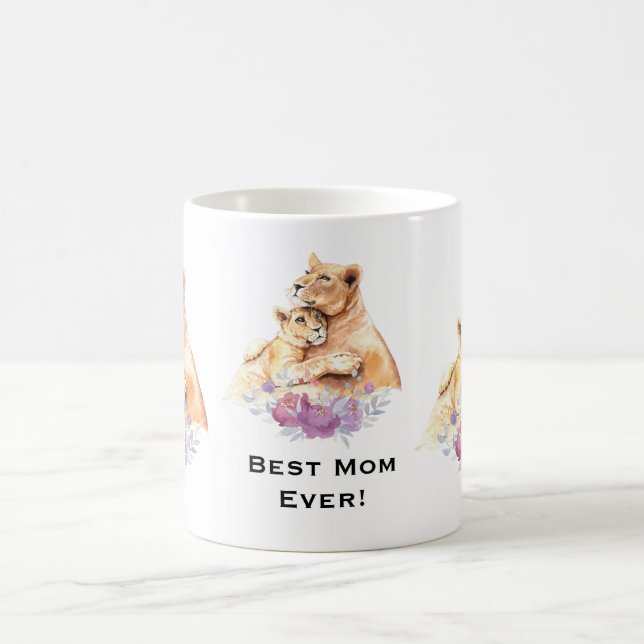 Cute Watercolor Mother Lion & Cub Coffee Mug (Center)