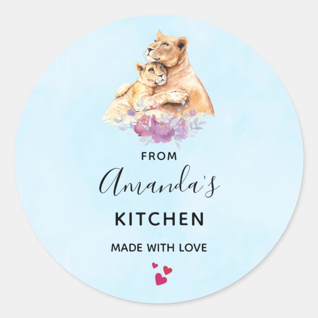 Cute Watercolor Mother Lion & Cub Kitchen Classic Round Sticker (Front)