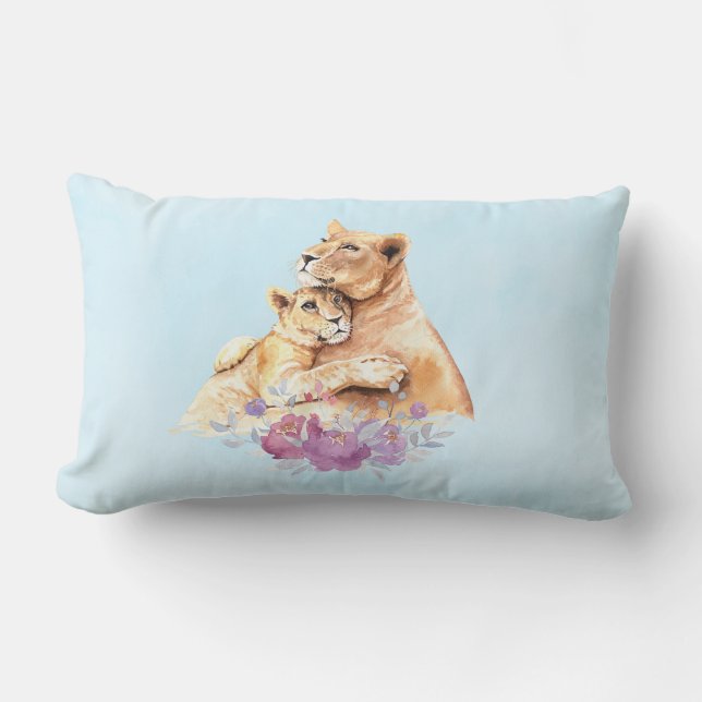 Cute Watercolor Mother Lion & Cub Lumbar Pillow (Front)