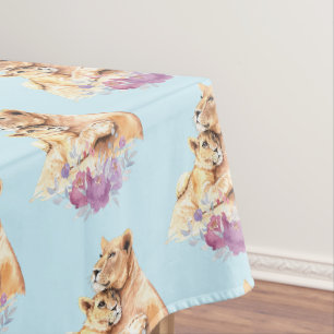 Cute Watercolor Mother Lion & Cub Pattern Tablecloth