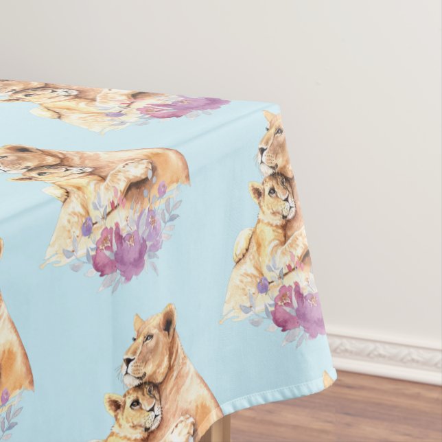 Cute Watercolor Mother Lion & Cub Pattern Tablecloth (In Situ)