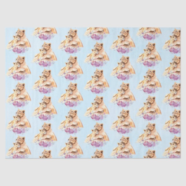 Cute Watercolor Mother Lion & Cub Pattern Tissue Paper (Front)