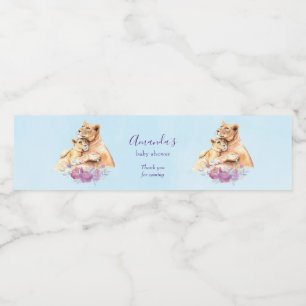 Cute Watercolor Mother Lion & Cub Shower Water Bottle Label
