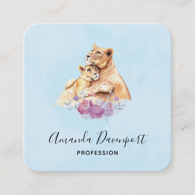 Cute Watercolor Mother Lion & Cub Square Business Card (Front)