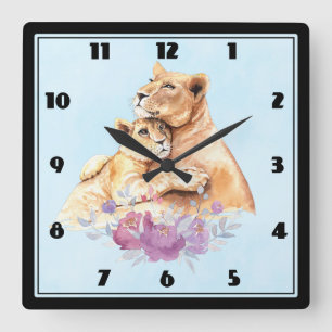 Cute Watercolor Mother Lion & Cub Square Wall Clock
