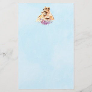 Cute Watercolor Mother Lion & Cub Stationery
