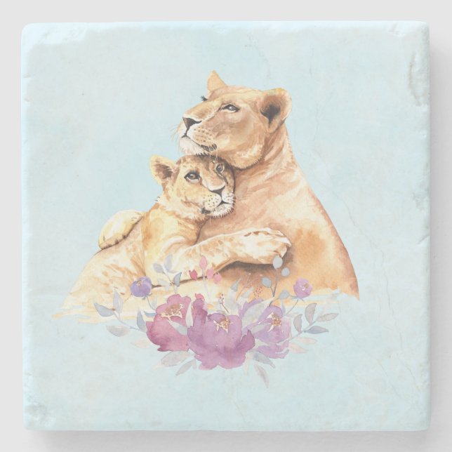 Cute Watercolor Mother Lion & Cub Stone Coaster (Front)