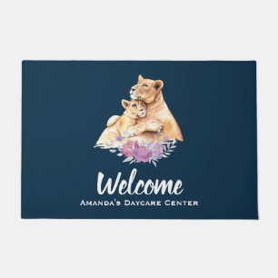 Cute Watercolor Mother Lion & Cub Welcome Doormat