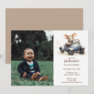 Cute Watercolor Mouse in Blue Car 1st Birthday Invitation