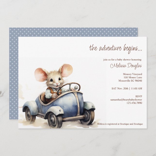 Cute Watercolor Mouse in Blue Car Baby Shower Invitation (Front/Back)