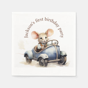 Cute Watercolor Mouse in Blue Car First Birthday Napkin