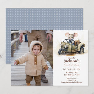 Cute Watercolor Mouse in Green Car 1st Birthday Invitation