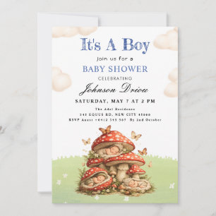 Cute Watercolor Mushroom Baby Boy Shower  Invitation