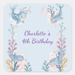 Cute Watercolor Narwhal Whale fish Seamless Sea  Square Sticker