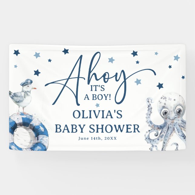 Cute Watercolor Nautical Boy Baby Shower Banner (Horizontal)