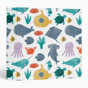 Cute Watercolor Ocean Animals Pattern Binder