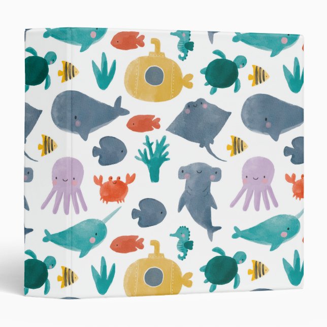 Cute Watercolor Ocean Animals Pattern Binder (Front/Spine)