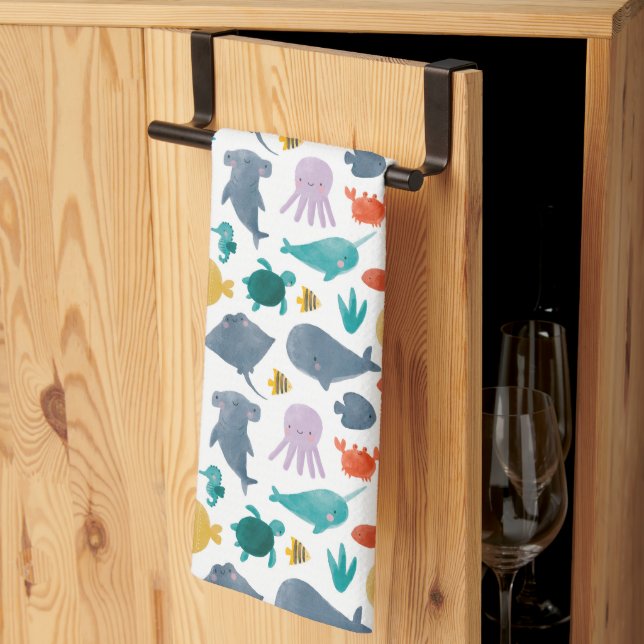 Cute Watercolor Ocean Animals Pattern Kitchen Towel (Thirds Fold)