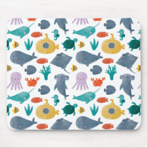 Cute Watercolor Ocean Animals Pattern Mouse Pad