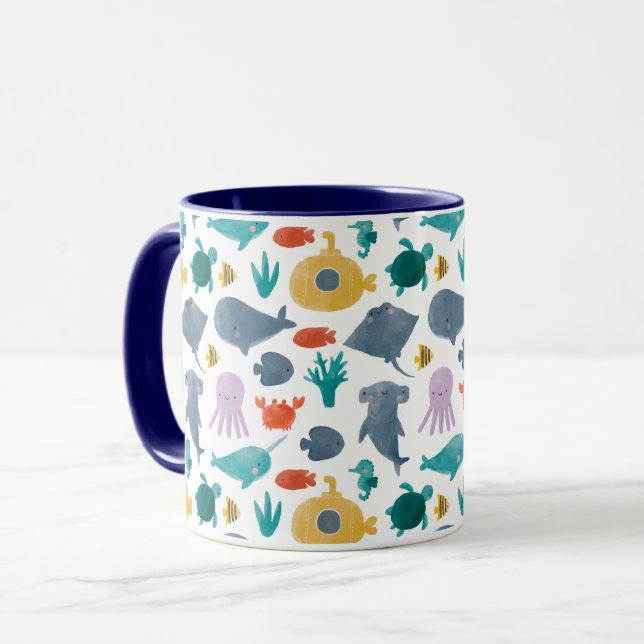 Cute Watercolor Ocean Animals Pattern Mug (Front Left)