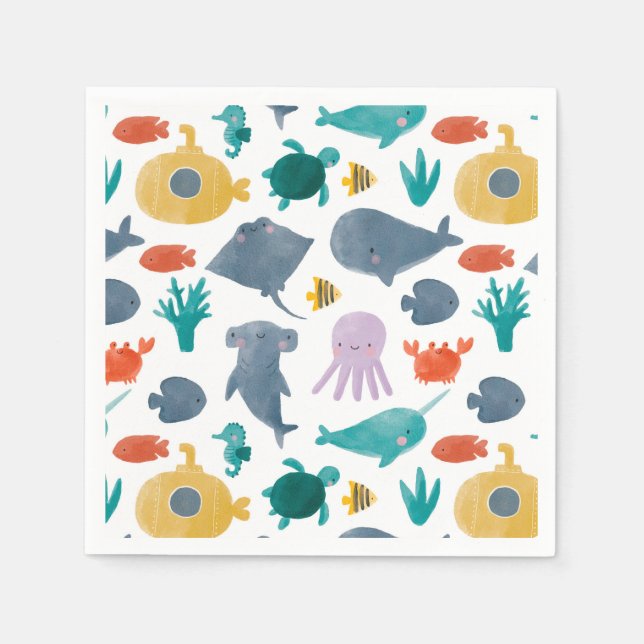 Cute Watercolor Ocean Animals Pattern Napkin (Front)
