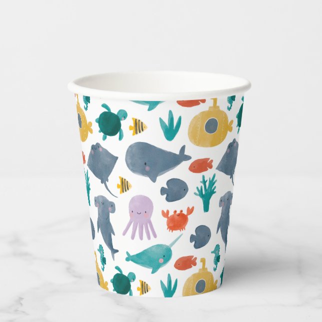 Cute Watercolor Ocean Animals Pattern Paper Cups (Front)