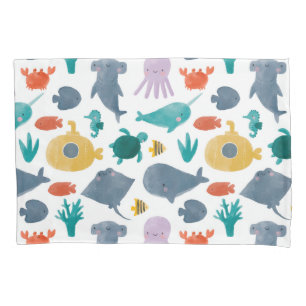 Cute Watercolor Ocean Animals Pattern Pillowcase