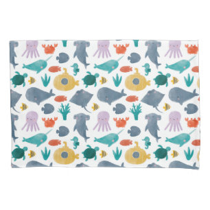 Cute Watercolor Ocean Animals Pattern Pillowcase