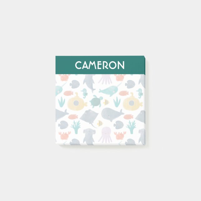 Cute Watercolor Ocean Animals Pattern Post-it Notes (Front)