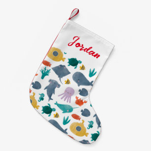 Cute Watercolor Ocean Animals Pattern Small Christmas Stocking