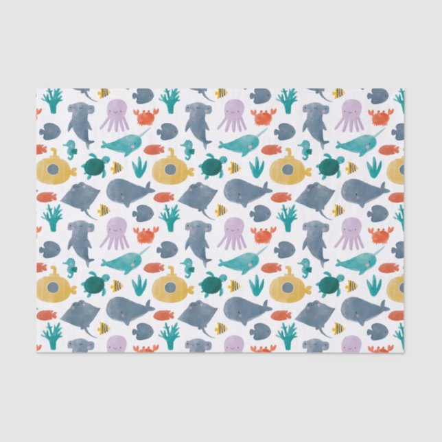 Cute Watercolor Ocean Animals Pattern Tissue Paper (Front)