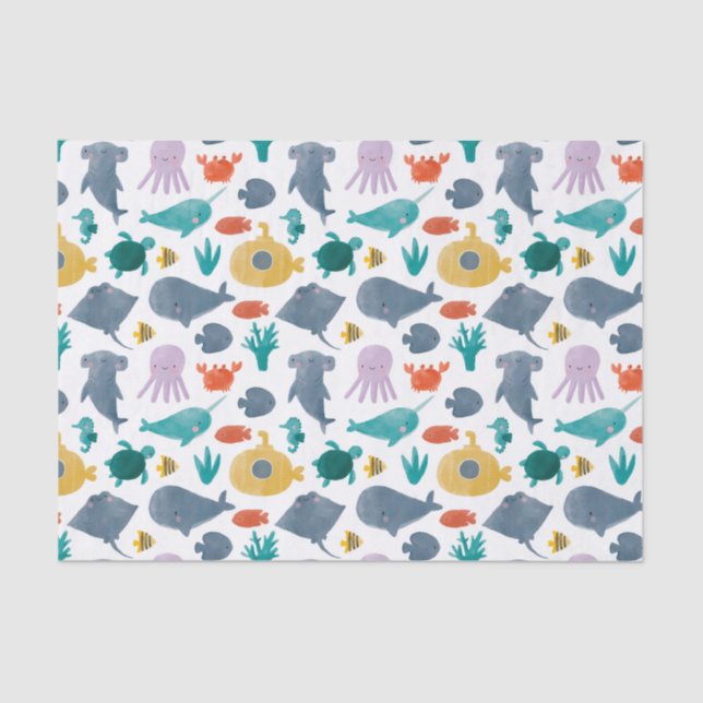 Cute Watercolor Ocean Animals Pattern Tissue Paper (Front)